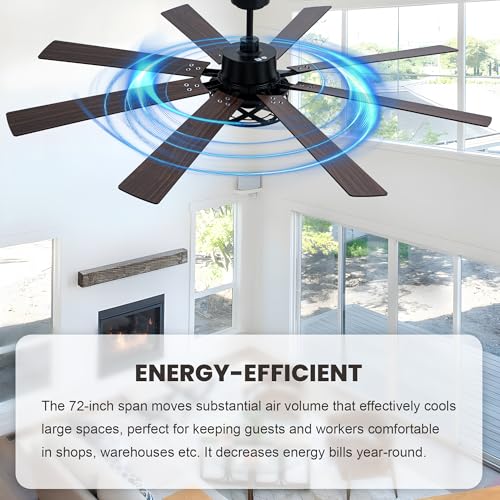 Image of Dawn Whisper Black Ceiling Fans with Lights 72 Inch Farmhouse Ceiling Fan with Remote Quiet Reversible DC Motor 6 Speeds 8 Blades Large Industrial Chandelier Fan for Living Room Bedroom