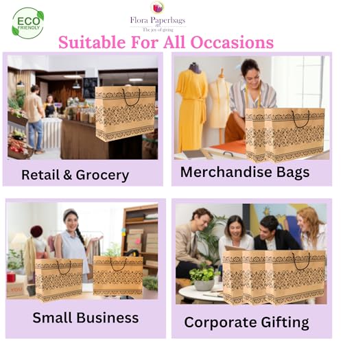 Image of Flora Paperbasg - Large B12x15x4.5 Inches Pack of 15pcs Large Brown Kraft Paper Bags Bulk with Black color Rope Handle Ideal for Shopping, Packaging Retail Part, Craft Gift Wedding Recycled Business