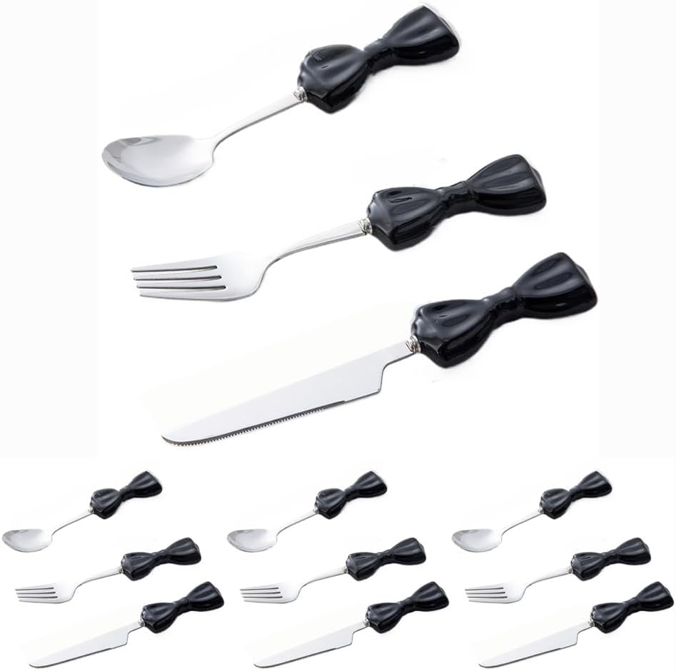 Bowknot Ceramics Handle Kitchen Stainless Steel Silverware Tableware Flatware Cutlery Set Steak Knife Fork Spoon Teaspoon (Black,12 pieces)