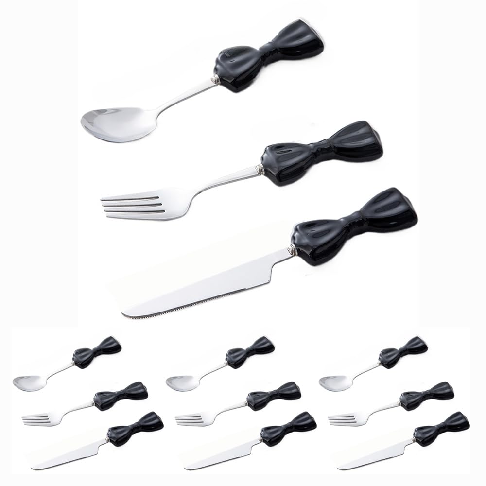 Bowknot Manico in Ceramica Cucina in Acciaio Inox Argenteria Stoviglie Posate Set Posate Bistecca Coltello Forchetta Cucchiaio Cucchiaio Cucchiaino (Nero,12 pezzi)