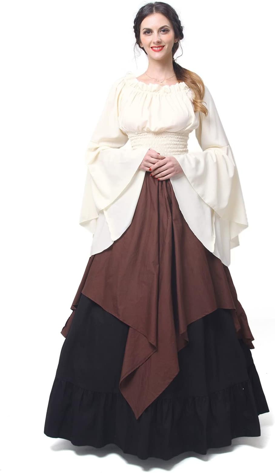 NSPSTT Womens Renaissance Medieval Costume Victorian Dresses Gown Scottish Dress 2 Pcs Set