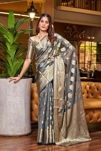 Image of SWORNOF Women's kanjivaram banarasi silk saree Zari Woven for festival Wedding silk with rich pallu Design sarees for women with Unstitched blouse piece