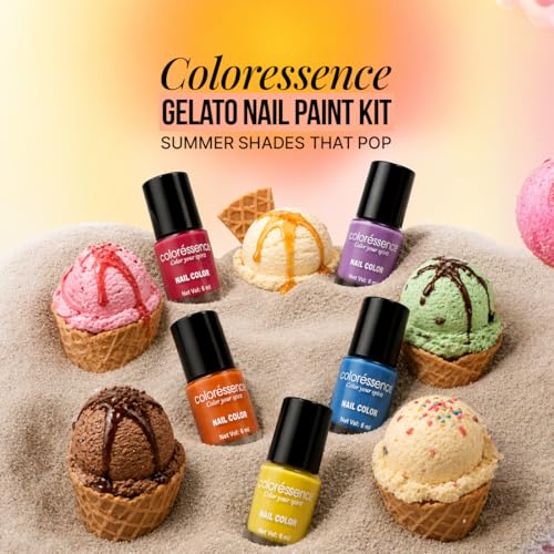 Image of Coloressence Gelato Summer Shades Nail Paint Kit, Set of 5 with FREE Nail Polish Remover | Glossy Finish | Quick Dry | Chip Resistant | Highly Pigmented