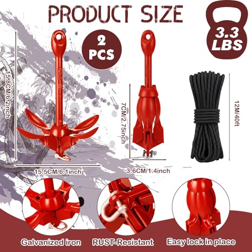 Image of Lounsweer 2 Pack 1.5 /3.5 lb Marine Kayak Anchor Kit Folding Grapnel Anchor Kit Boat Kayak Fishing Accessories for Small Boats Kayaks Canoe Paddle Boards