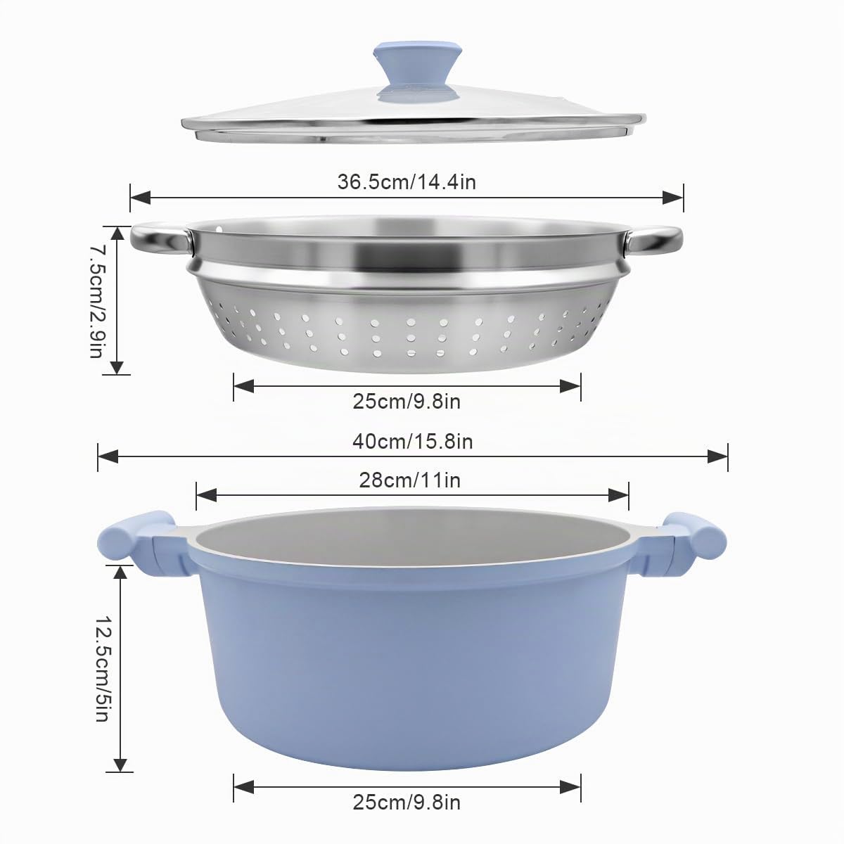 Kochtopf 28cm mit Dampfkorb, 7L Keramik-Dampfkochtopf mit Deckel- Blau