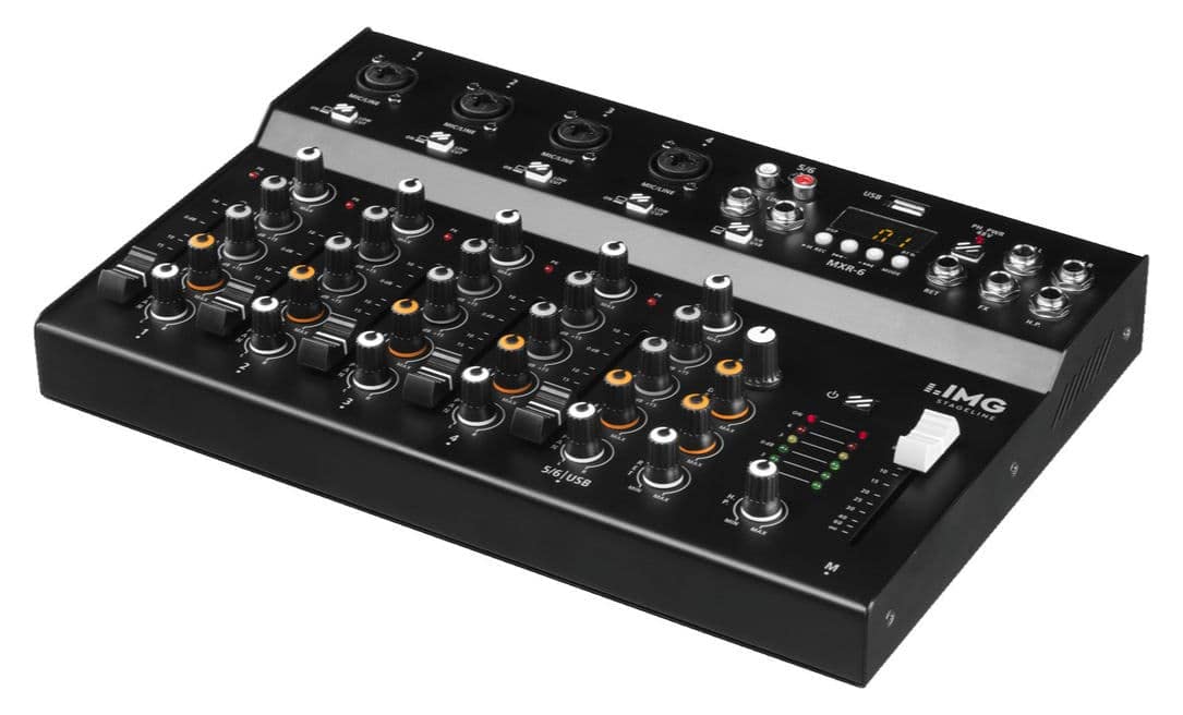 IMG STAGELINE MXR-6, 6-Kanal Audio-Mischpult mit integriertem MP3-Player, Bluetooth-Empfänger und DSP-Effekteinheit, Audio-Console mit 4 Mono-Eingangskanälen mit Gainregler, Mix-Pult in Schwarz