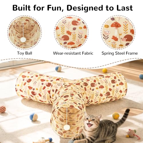 Image of Tempcore Cat Tunnel, 3-Way Collapsible Toy, Large Size Khaki Hedgehog | Large Size 3-Way Cat Tunnel Provides More Room for Cats to Run, Hide and Chase, with Peek Holes, Hanging Ball and Teaser Wand