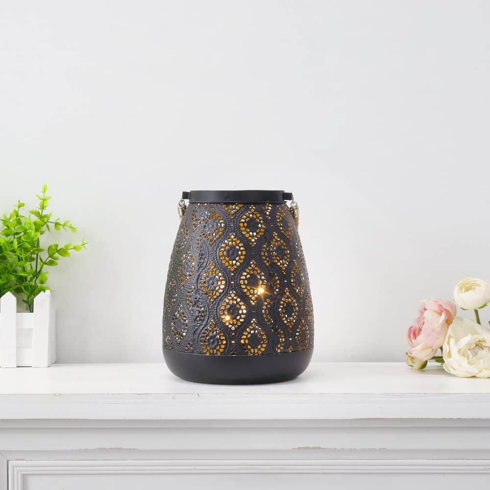 TRIROCKS Set of 2 Moroccan Style Metal Lamp 8''H Battery Operated Cordless Table Lamp Vintage Lantern for Living Room Garden Yard Patio Parties Event Indoors Outdoors (Black with Gold Brush)
