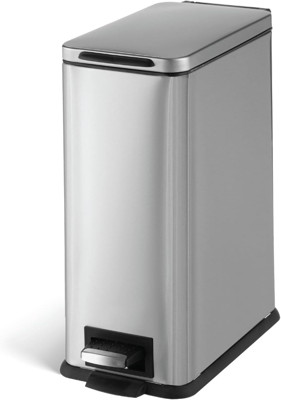 Home Zone Living 3 Gallon Small Trash Can with a Lid and Step Pedal, Stainless Steel with Slim Design for Home and Office, Silver, 10 Liters