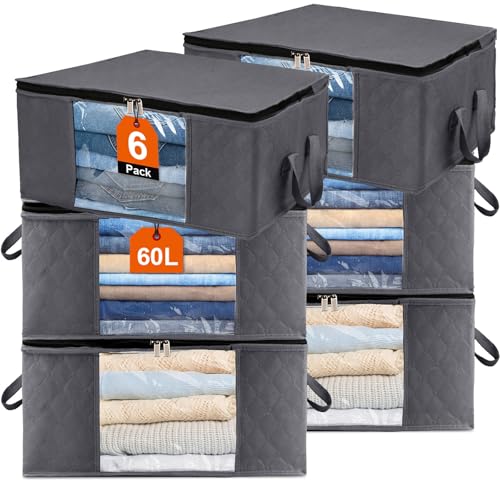 Withosent 6 Piezas Cajas Almacenaje Ropa, 60L Gran Bolsa Almacenamiento Ropa de Tela no Tejida, Organizador Armario Plegable con Mango para Debajo de la Cama, Mantas, Edredones