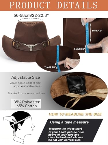 Western Cowboy Hat for Women Men, Rolled-Up Felt Fedora Cowgirl Hat with Buckle-Belt, Turquoise-Band, Bling-Star4