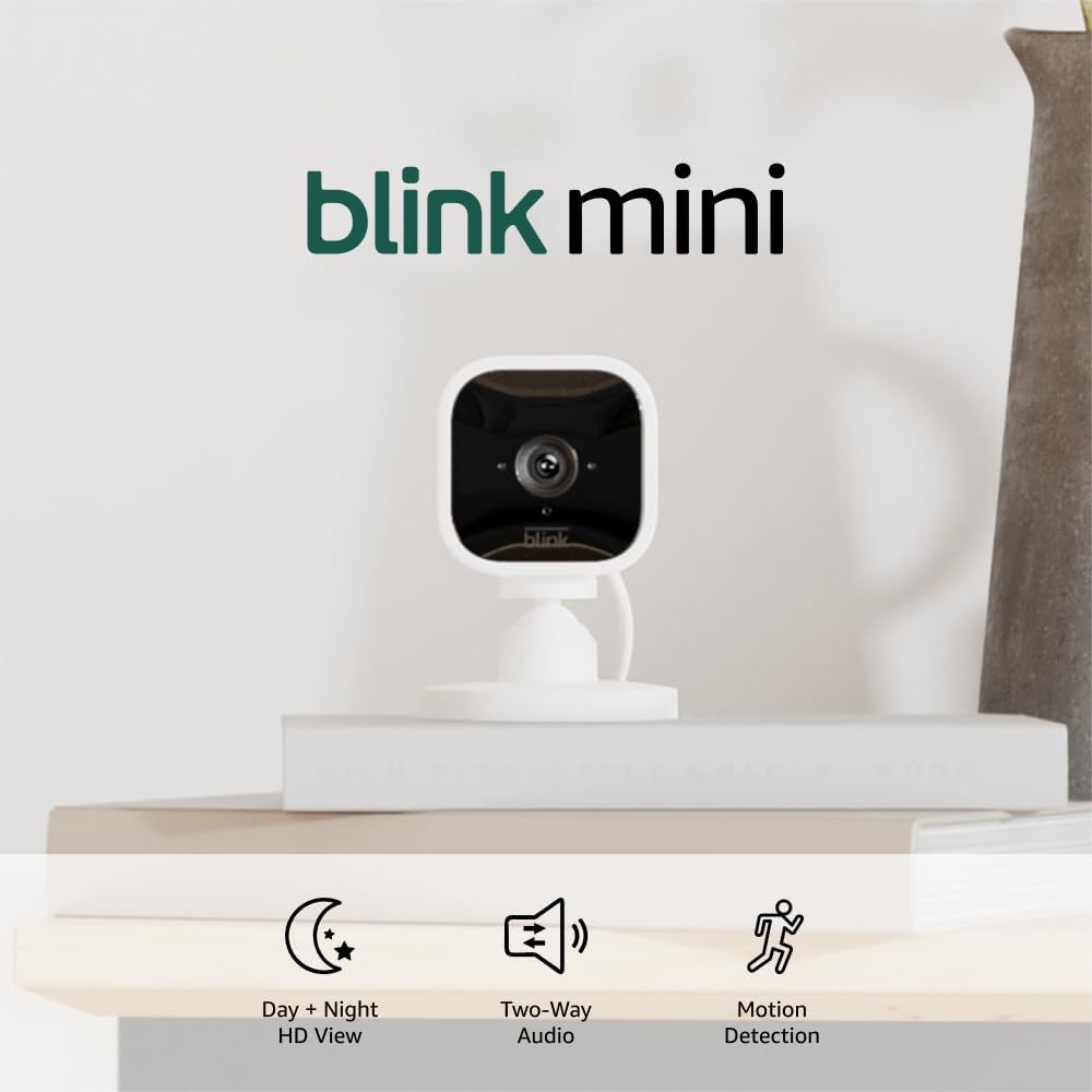 - Blink Mini - Compact indoor plug-in smart security camera, 1080p HD video, night vision, motion detection, two-way audio, easy set up, Works with Alexa – 2 cameras (White)
