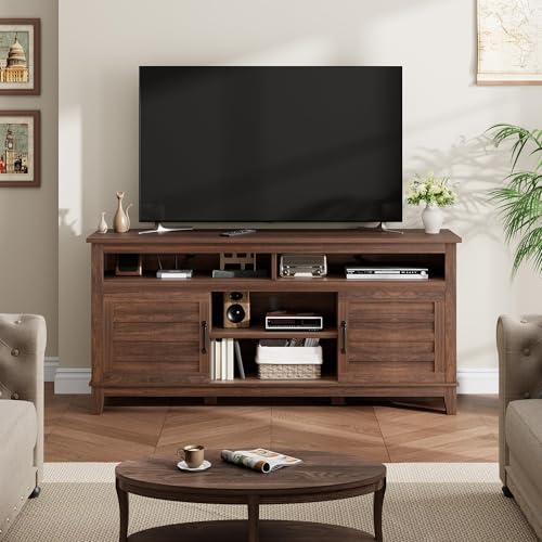 Image of 63 Inch TV Stand for Televisions Up to 70 Inches, Rustic Farmhouse Media Console with Height-Height-Customizable Shelves & Cabinet Doors, Entertainment Center for Living Room or Bedroom,Brown