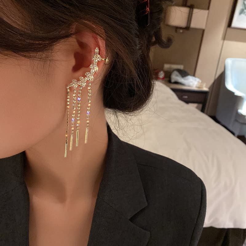 2PCS Glitter Rhinestone Long Tassels Dangle Ear Cuff Vintage Non-Piercing Fake Earrings Bridal Wedding Climber Ear Wrap Prom Ball Jewelry for Women Girls3