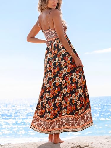 Image of CUPSHE Women Spaghetti Straps Boho Maxi Dress Summer Sleeveless Smocked Floral Beach Long Dress Flowy Cruise Vacation Outfits