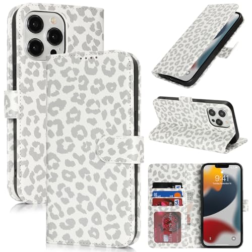 Image of for iPhone 13 Pro Case Wallet with Card Holder,for iPhone 13 Pro Wallet Case for Women Men,PU Leather Shockproof Magnetic Buckle Stand Flip Phone Case-White Leopard
