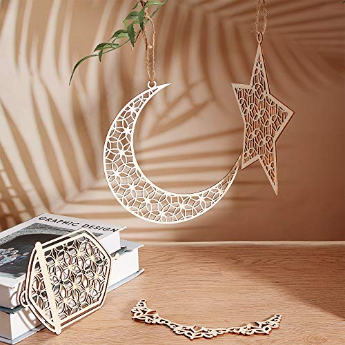 9 Pieces Wooden Pendant Ornament Ramadan Kareem Hollow Decoration Moon Star Wind Light Shape Pendant Ornament Happy Eid Hanging Sign For Ramadan Mubarak Eid Party Decorations #TOP3