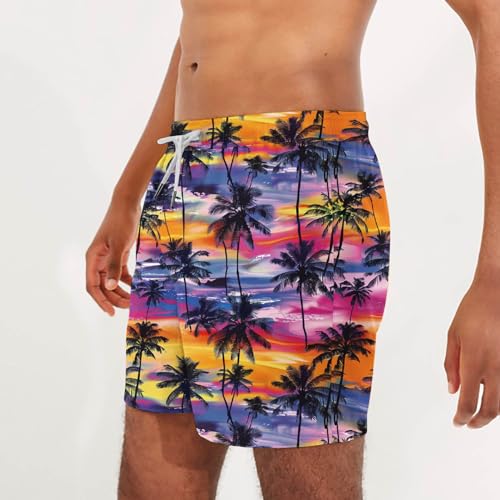 Men Summer Sunset Tree Print Board Shorts Loose Fit Swimwear Quick Dry Bathing Trunks Stylish Surf Shorts 20254