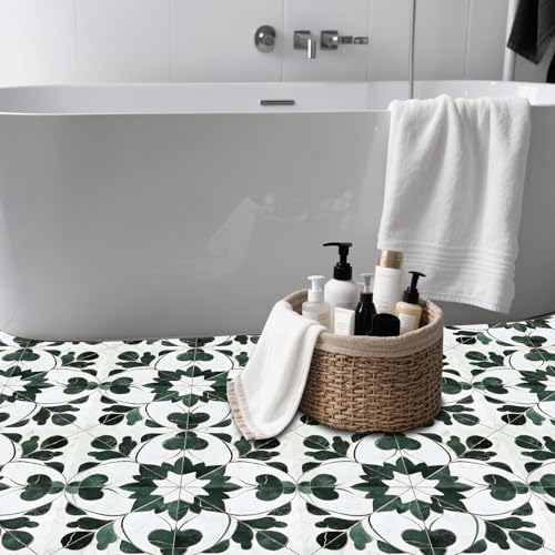 Image of Nuxovilar Peel and Stick Vinyl Floor Tiles, 11.8 inchx11.8 inch | Green Leaf Geometric Pattern, 10-Pack Self-Adhesive Flooring for DIY Upgrades