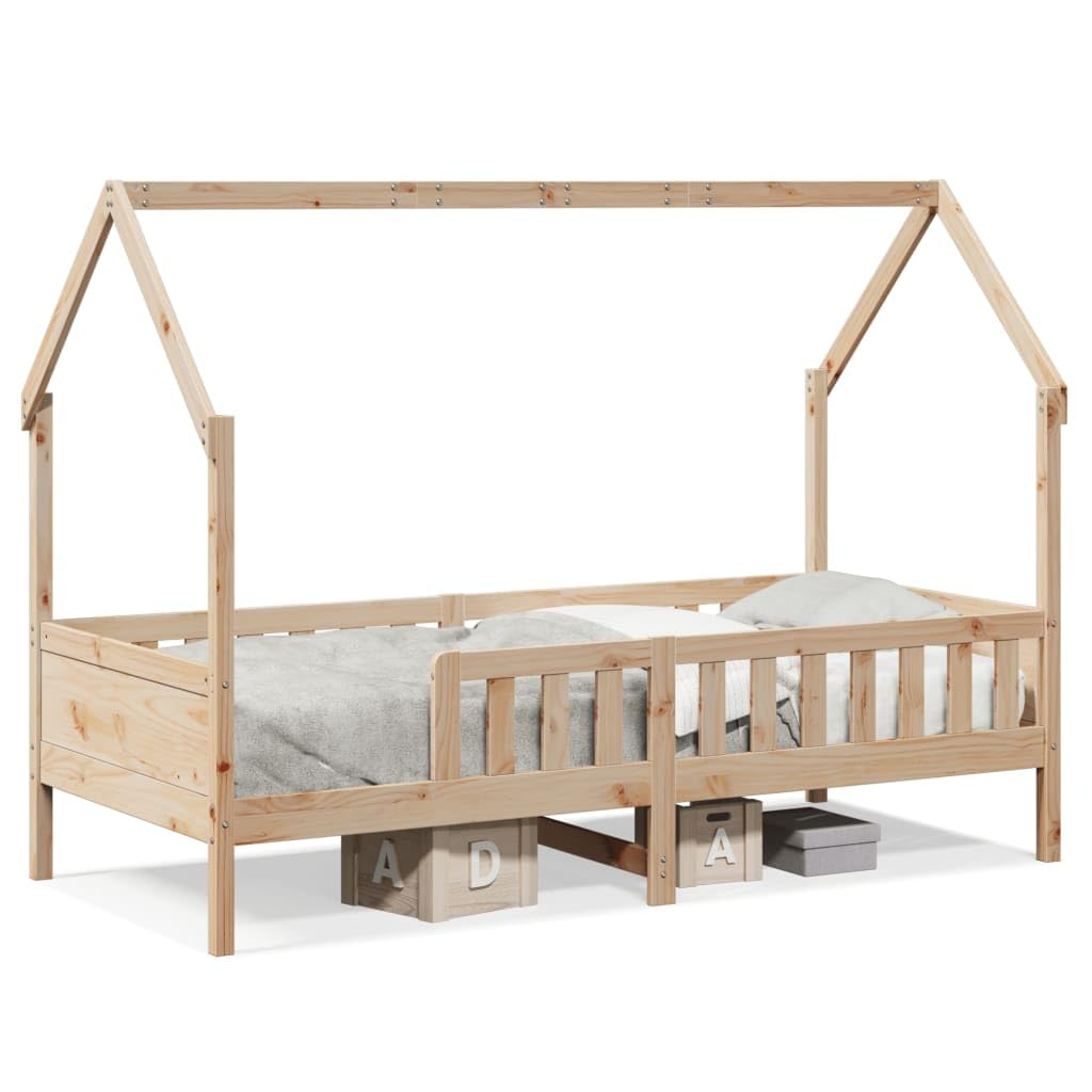 Casa infantil de 90 x 190 cm pino macizo sin tratar con somier, cama de juegos para habitación infantil con espacio de almacenamiento, espacio para invitados en habitación juvenil