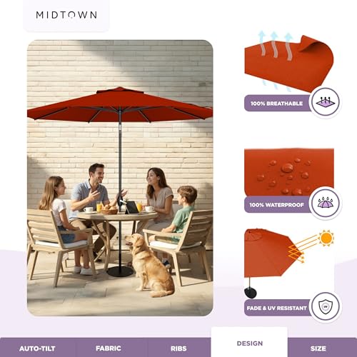 Image of Midtown Umbrellas - 10-Year-No-Fade 10 Ft Patio Umbrella with Terylast Fabric, Auto-Tilt Aluminum Frame and 8 Reinforced Ribs for Deck, Pool, Garden & Beach - Apple Red Canopy, Black Pole