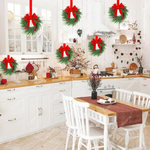 Image of YoleShy 8 Pcs Small Christmas Wreath 12 inch Mini Wreaths for Cabinets, Small Wreath with Berry & Red Velvet Bow Ribbon, Window Wreaths Christmas Cabinet Wreaths for Kitchen Front Door Chair Wall