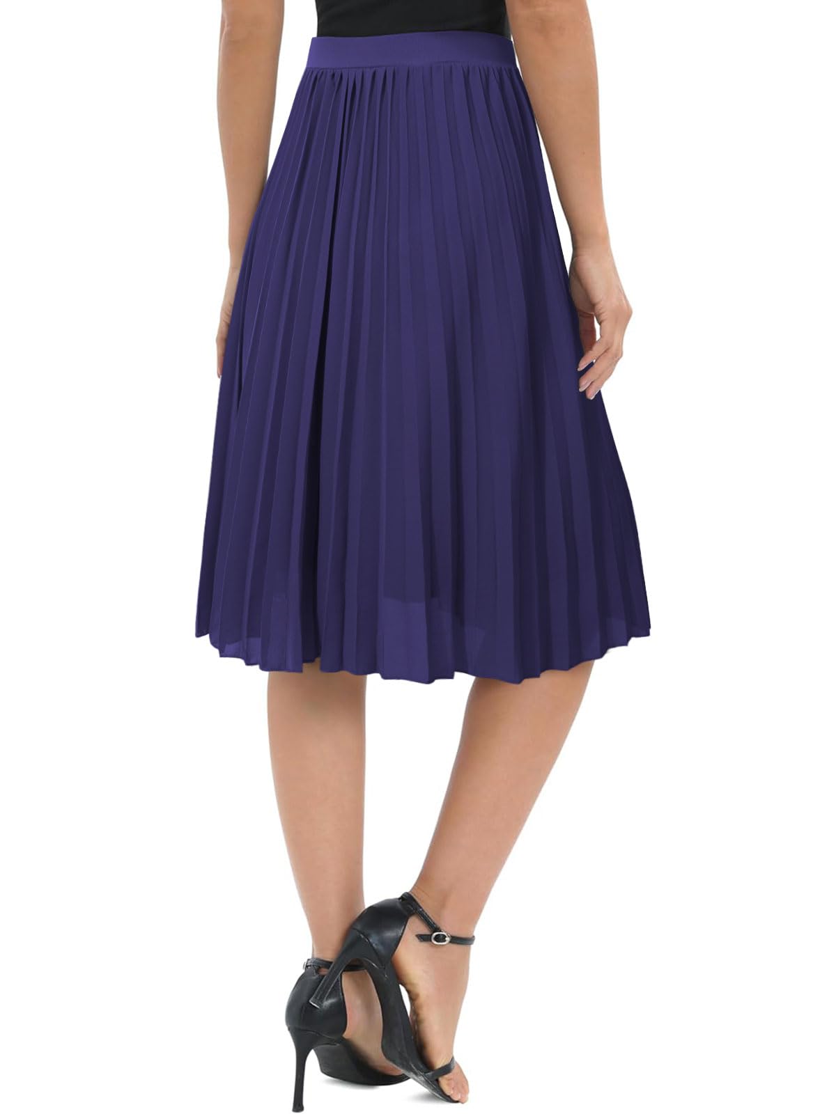 Genfien Donna Chiffon Elastico Vita Linea A Pieghettato Midi Gonna con Fodera