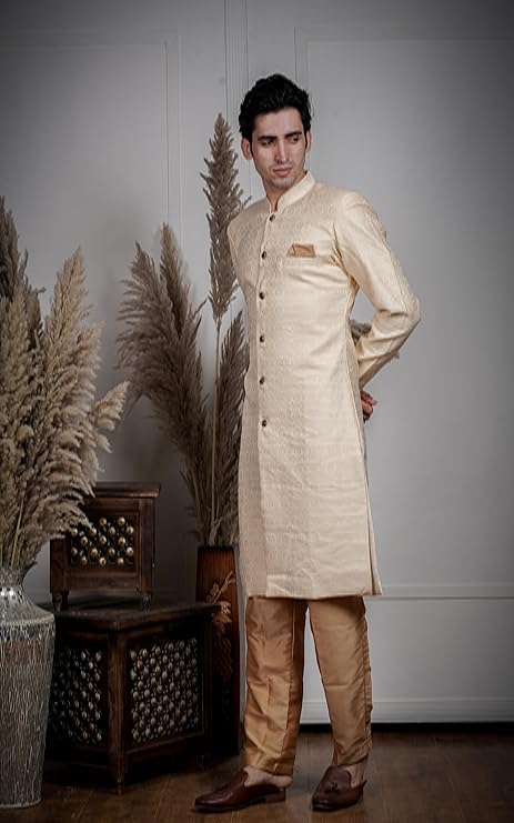 Image of Amzira Men's Soft Cotton Indo Western Kurta Pyjama Set with Mandarin Collared Neck Long Sleeves Button Closure and Solid Pant