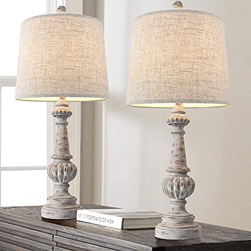 Portres 24.5'' Traditional Table Lamp Set Of 2 For Living Room Linen Fabric Lampshade Bedside Nightstand Lamps For Bedroom Kids Room Study Room Office Rustic Table Lamps Resin #TOP1