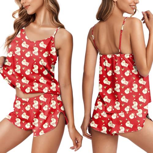Image of Ekouaer Silk Pajamas for Women Satin Cami Pjs Set V Neck Camisole Shorts Set Adjustable Strap Sleepwear,Red Santa Christmas,X-Large