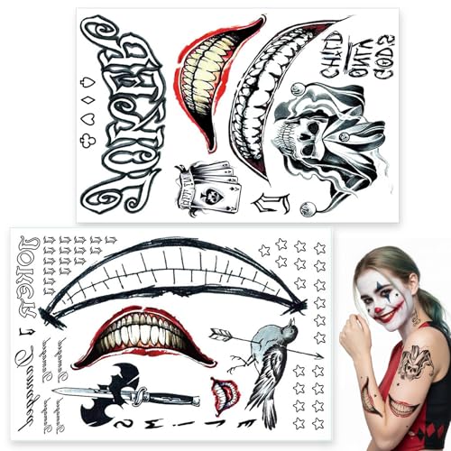 20 Sheets Joker Tattoos Water Transfer Printing Reusable Temporary Tattoo for Halloween Suicide Squad Costume Accessories