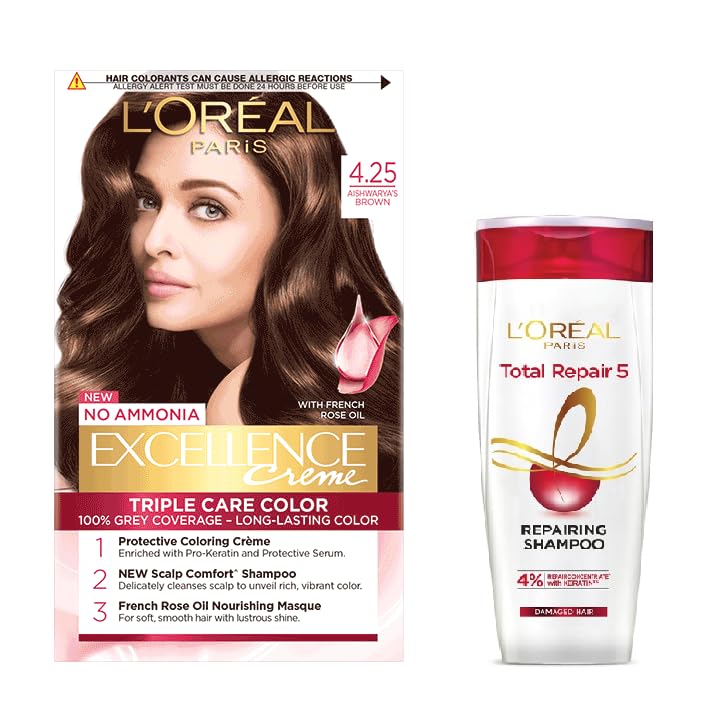 L’Oreal Paris Excellence Creme Hair Color, 4.25 Aishwarya’S Brown, (72ml+100g) + Total Repair 5 Pro-Keratin + Ceramide Shampoo 82.5ml
