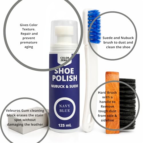 Image of Color Zebra Nubuck & Suede Shoe Polish and Shoe Care Kit | 125 ML Renovator with Handled Brush, Wooden Suede Brush & Cleaning Block