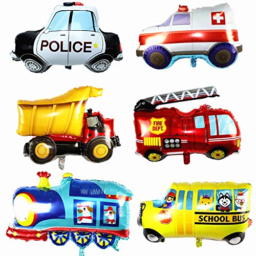 zhiheng 6 Pack Assorted Car models Shaped Foil Balloons Jumbo Police Car Ambulance Engineering Truck Fire Truck Train School Bus Balloons for Baby Shower Birthday Wedding Summer Luau Party Favours