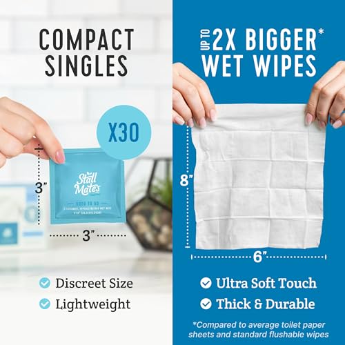 Image of Stall Mates - Flushable Wipes, Individually Wrapped, Travel Friendly, Scented with Cucumber, Vitamin-E & Oat, (30 on-the-go singles)