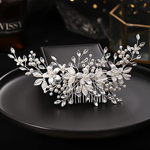 Crystal Bride Wedding Hair Comb Pearl Flower Bridal Hair Piece Hair Accessories for Women and Girls - Image 2