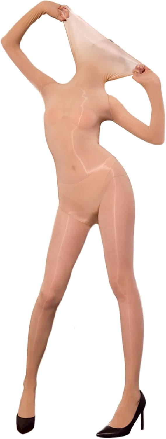 RUIBAVYA Body Stockings for Women Sexy Full Body Tights Oil Shiny Bodystocking High Neck Nylon Catsuit Shimmer Bodysuit