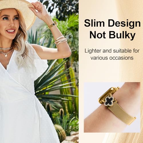 Joyozy Slim Metal Band Compatible with Apple Watch Band 38mm 40mm 41mm 42mm 44mm 45mm 46mm 49mm Skinny Magnetic Strap with Bling Charms, Cute Stainless Steel Band, Dressy Thin iWatch Bracelet for Women