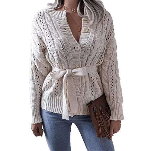 JEsilunmaMY Women's Belted Cardigan Sweater Long Sleeve Button Down Hollow Knitwear Solid Color Fall Winter Open Front Coats