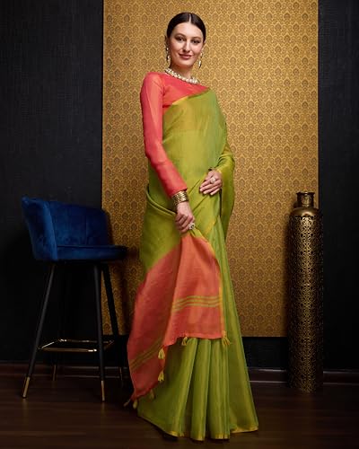 Image of SWORNOF Women's Linen Cotton Silk Saree with Unstitched Blouse Piece | Saree for Women | Saree with Blouse Piece | Soft and Skin Friendly