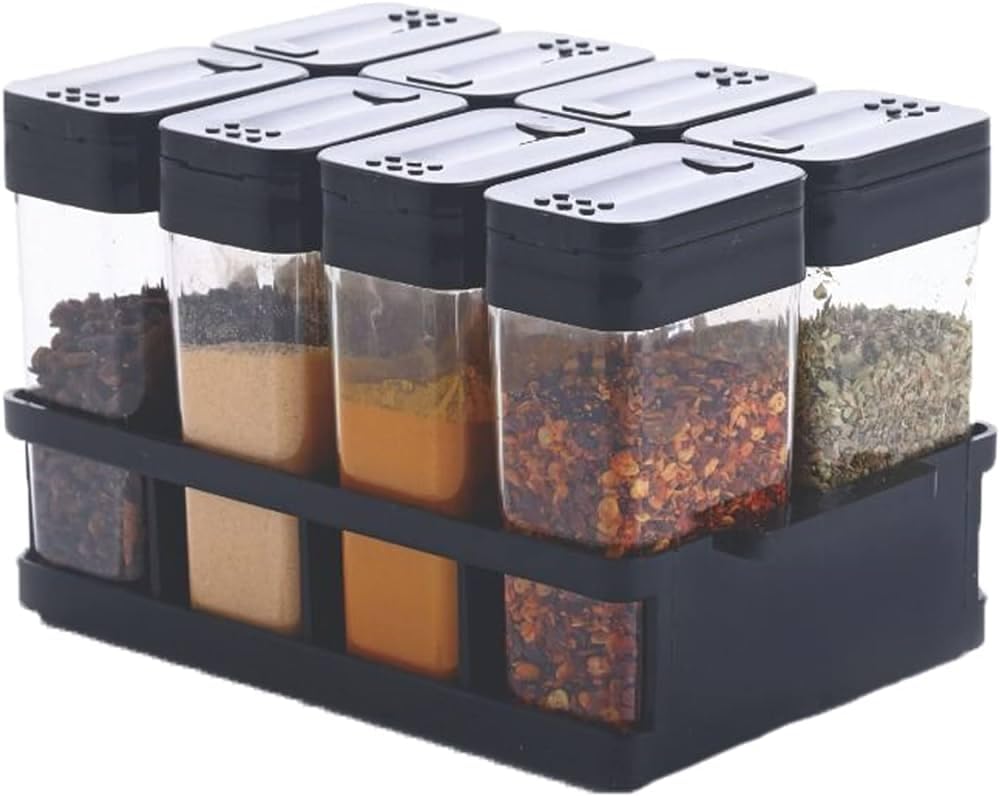 Qukuzo Stellar Airtight Masala Box For Kitchen - Masala Container For Kitchen - Multi Storage Spice Rack - 2 Way Easy Flow Spice Storage Container With Tray (Set Of 8 Pcs - 100 Ml Each)
