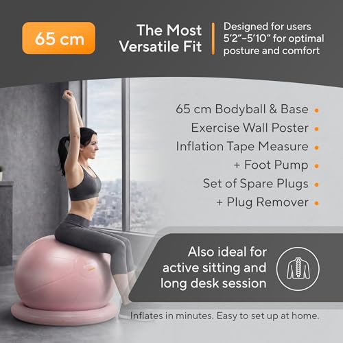 Image of Yoga Exercise Ball Chair for Office Desk with Base, Ideal for Pregnancy, Birthing, Stability Exercises & Fitness. Swiss Stability Birth Ball for Labor, Gym & Workouts.