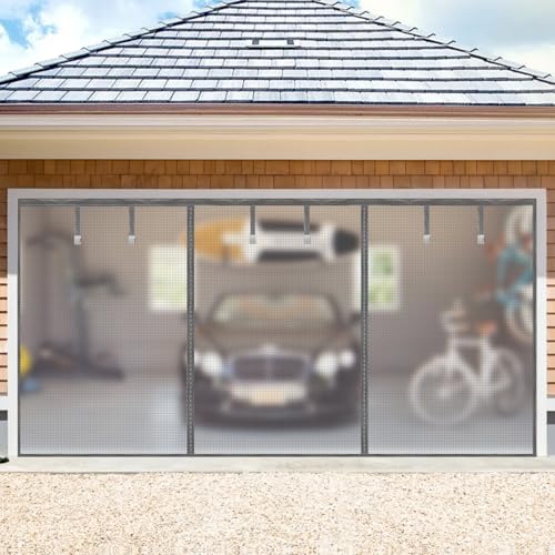 Image of Garage Door Screen for 2 Car Garage,16X7Ft Heavy Duty Magnetic Garage Screen,Durable Nylon Screen Door Mesh,Tear-Resistant, Pet and Kid Friendly Door Screen,Silver Grey
