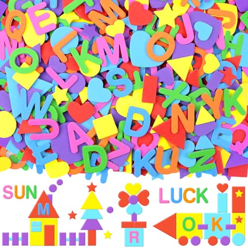 1488Pcs Foam Stickers 8Colors Foam Shape Letter Stickers for Crafts Self Adhesive Alphabet Sticker for Classroom Project Heart Star Sticker for School Project Home Party Decor Scrapbook(16 Colorful)