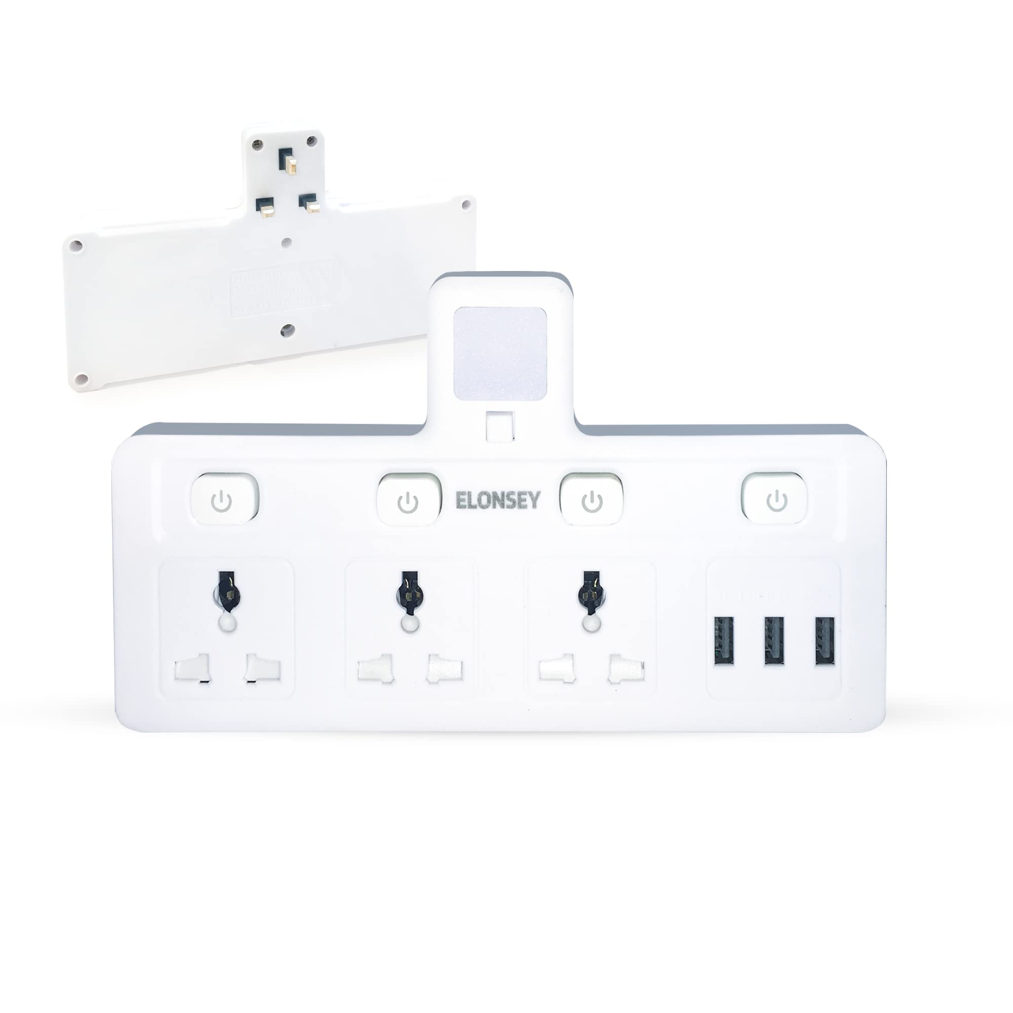 ELONSEY Multi Plug Extension Socket, Plug Adapter with 3 USB A Outlets, 3 Way Wall Charger Electrical Power Extender, 3 Pin Power Socket for Travel, Home, Office - White