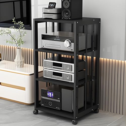 Wieża regałowa audio z kółkami – 4-poziomowy stojak na media i regał narożny – szafka regałowa AV do wieży stereo i komponentów