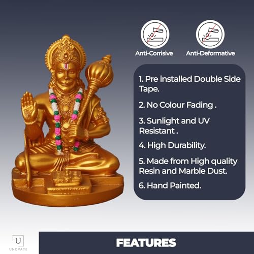 Image of UNOVATE Lord Hanuman Idol for Car Dashboard, Home, Office Desk - Hanuman Murti for for Pooja, Temple Showpiece, Decoration, Festivals and Gifting. (9cm, Golden Colour with Coloured mala)