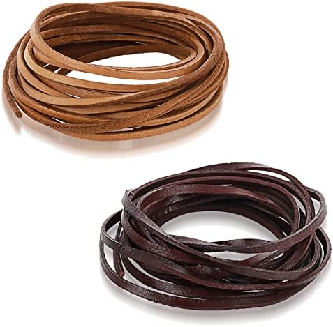 2 Rolls 3 mm Flat Genuine Leather Cord Natural Leather Strip,Craft Leather Cord Jewelry Leather Strings for Lace Braided Bracelets Necklaces Handbag Knife Sheaths (0.11 * 0.07 * 118inch)