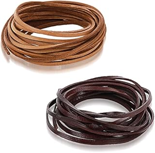 2 Rolls 3 mm Flat Genuine Leather Cord Natural Leather Strip,Craft Leather Cord Jewelry Leather Strings for Lace Braided Bracelets Necklaces Handbag Knife Sheaths (0.11 * 0.07 * 118inch)