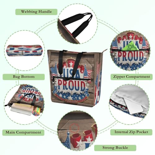 Decorative Kid Tote Bag for Kids Adults, Usa Proud Flag Blue Retro 4th Of July Independence Day Waterproof Reusable Grocery Beach Bag with Zipper for School Shopping Beach Rainbow mochilas3